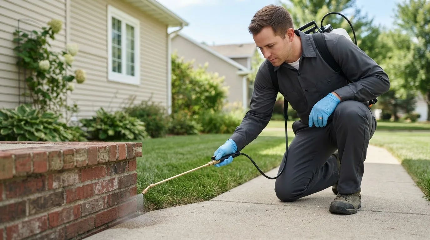 Pest control technician treating a home near Norborne, MO